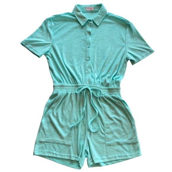 Pink Lily Pants - Pink Lily Mint Green Terry Cloth Button Front Romper‎ Swim Coverup Size M